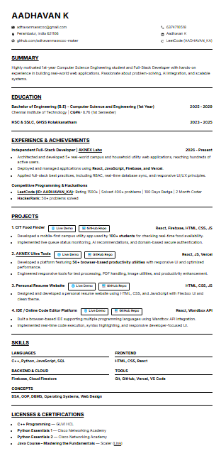 Aadhavan K Resume Preview